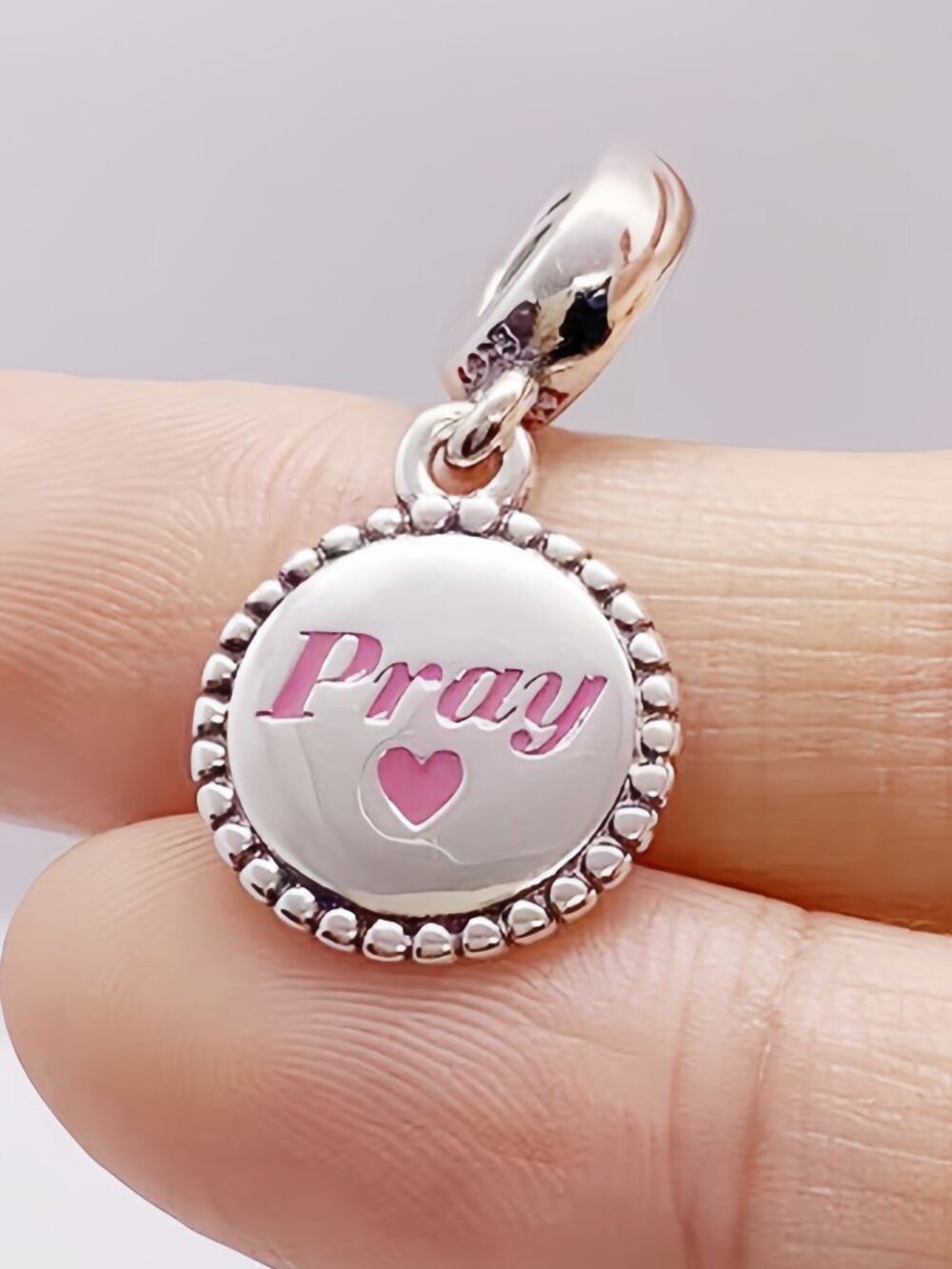 Pandora Pray Pink Heart Dangle Charm Pink Enamel Religious Faith Pendant